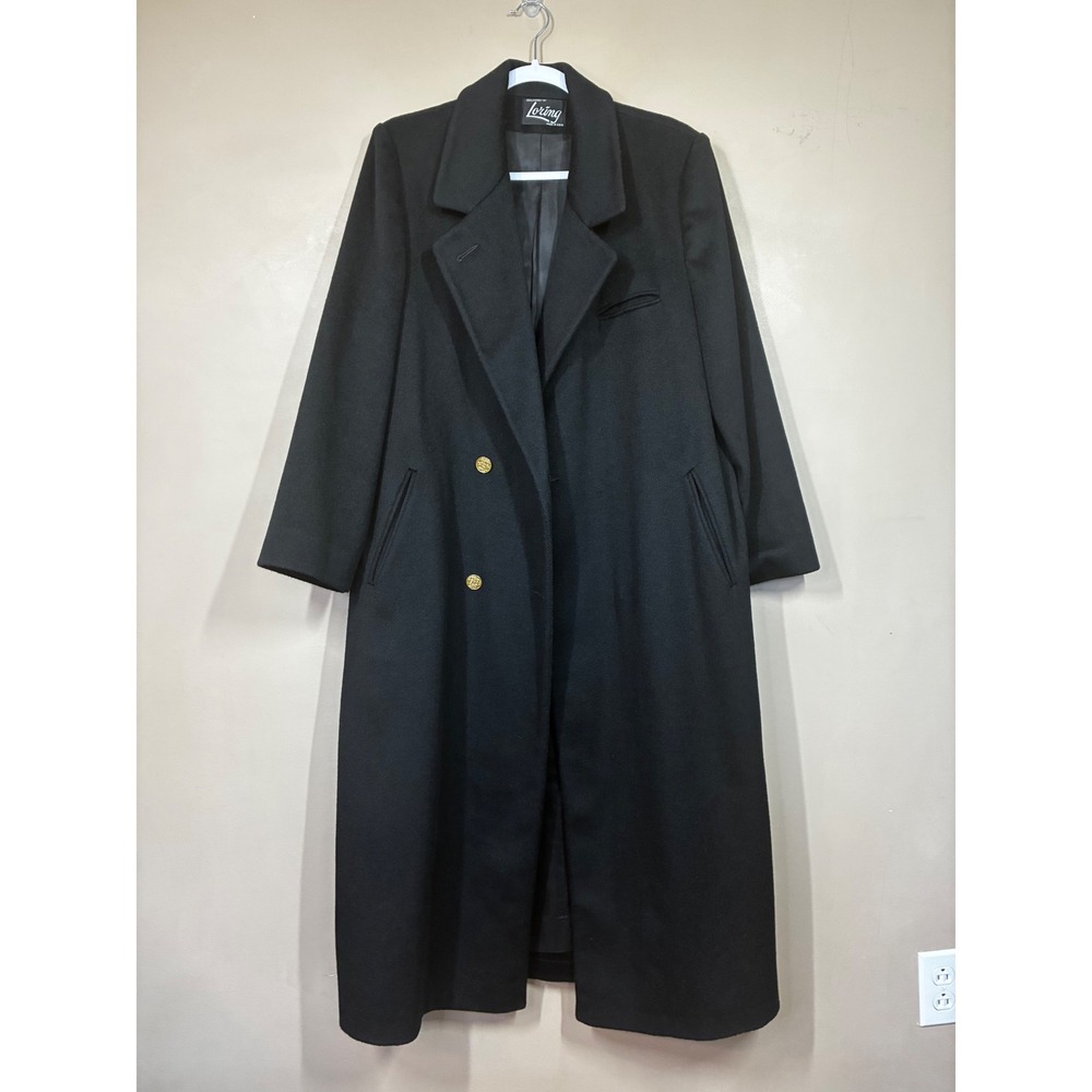 Loring Vintage Black Wool Blend Double Breasted Long Trench Coat Gold Buttons 10